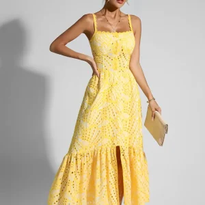 Vestido Midi de Laise com Babados Delicados e Elástico nas Costas – Marina