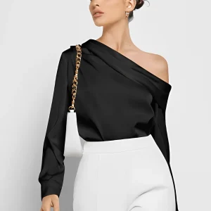 Blusa Acetinada Decote Assimétrico e Punhos com Botão – Diná