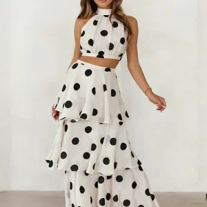 Conjunto Poá em Chiffon com Top Halter e Saia Longa em Camadas - Sibeli