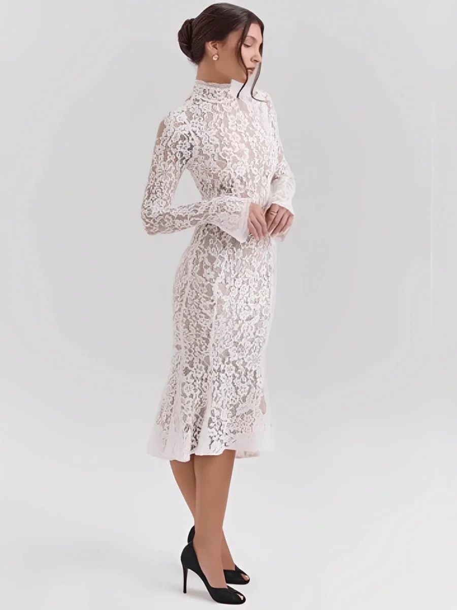 Vestido Midi Godê em Renda Floral de Gola Alta e Manga Flare – Nagyla - Image 4