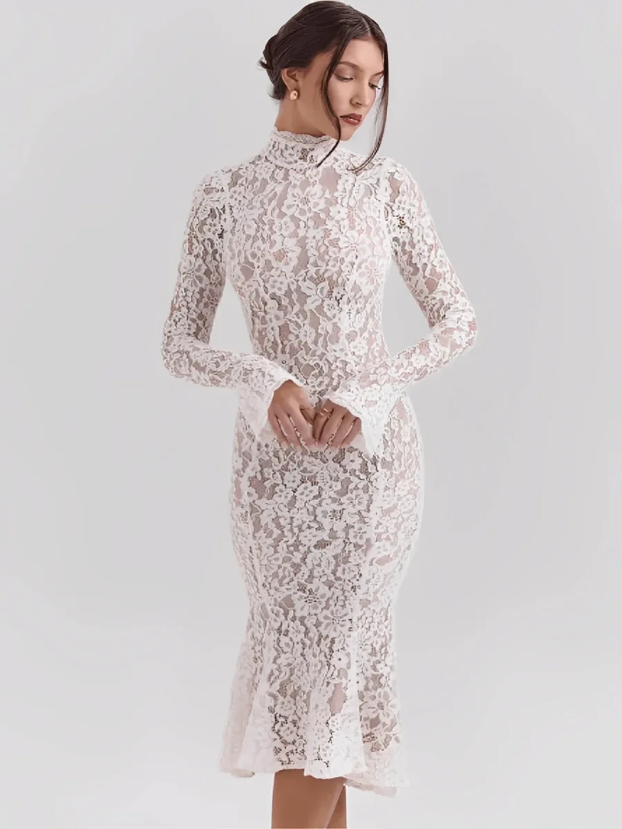 Vestido Midi Godê em Renda Floral de Gola Alta e Manga Flare – Nagyla - Image 6