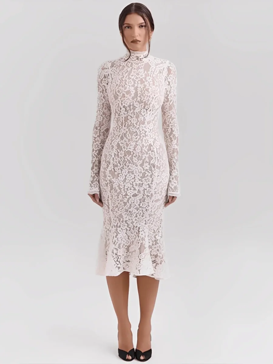 Vestido Midi Godê em Renda Floral de Gola Alta e Manga Flare – Nagyla - Image 2