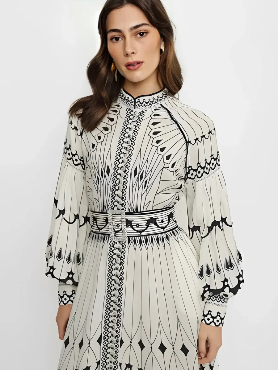 Vestido Midi Estampado com Gola Padre Cinto e Mangas Longas - Mia - Image 7