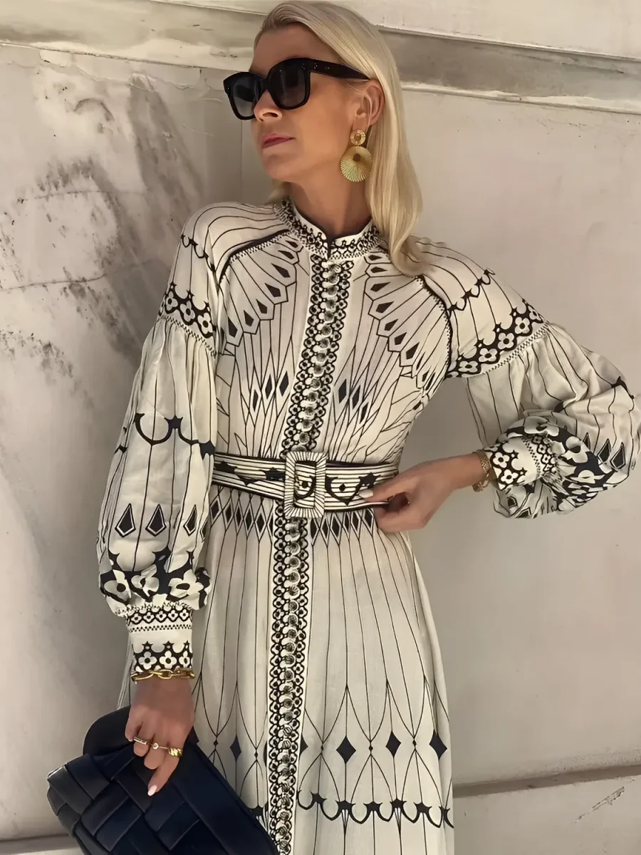 Vestido Midi Estampado com Gola Padre Cinto e Mangas Longas - Mia - Image 3