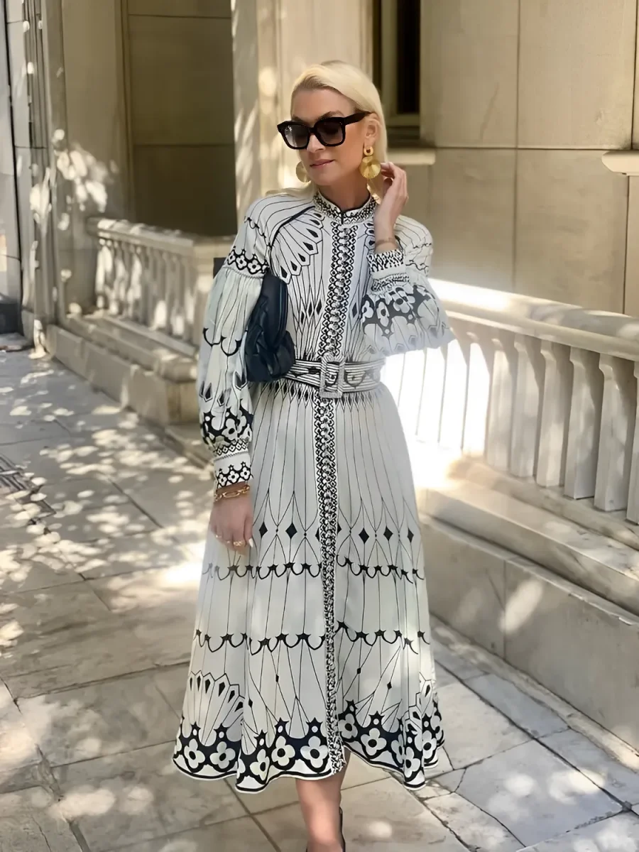 Vestido Midi Estampado com Gola Padre Cinto e Mangas Longas - Mia - Image 2