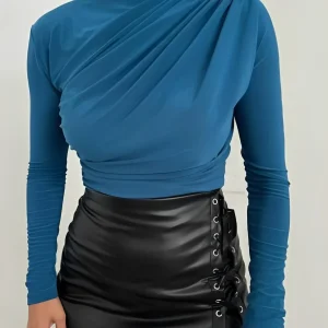 Blusa de Manga Longa com Gola Alta e Design Franzido Frontal – Layla