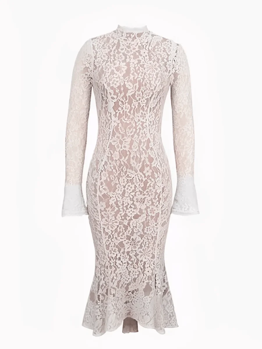 Vestido Midi Godê em Renda Floral de Gola Alta e Manga Flare – Nagyla - Image 7