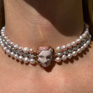 Choker Rosto 3 Fios Perola Lilás